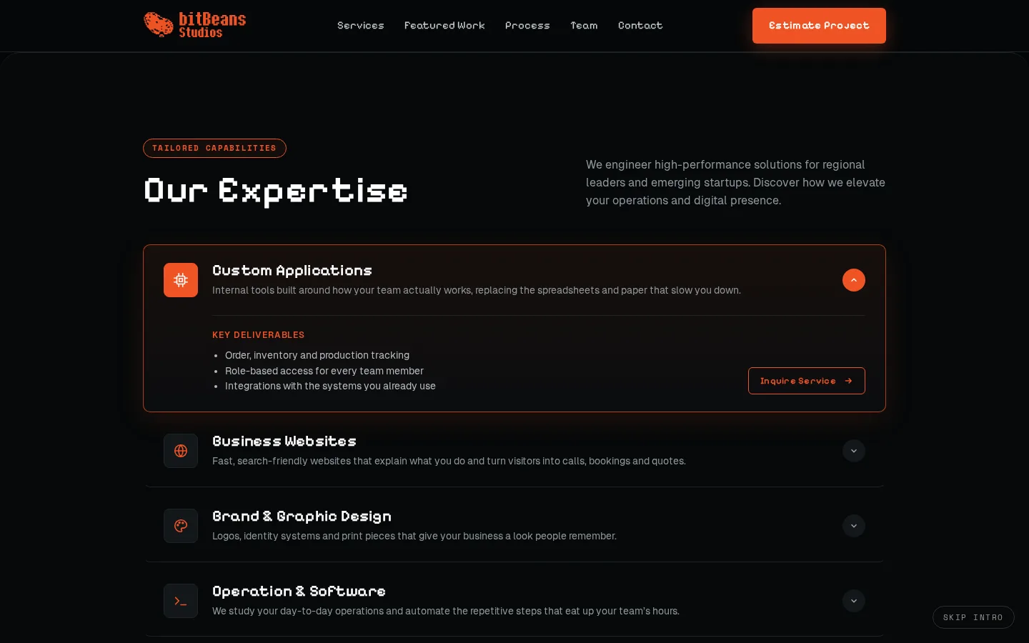 bitBeans Studios website, services section