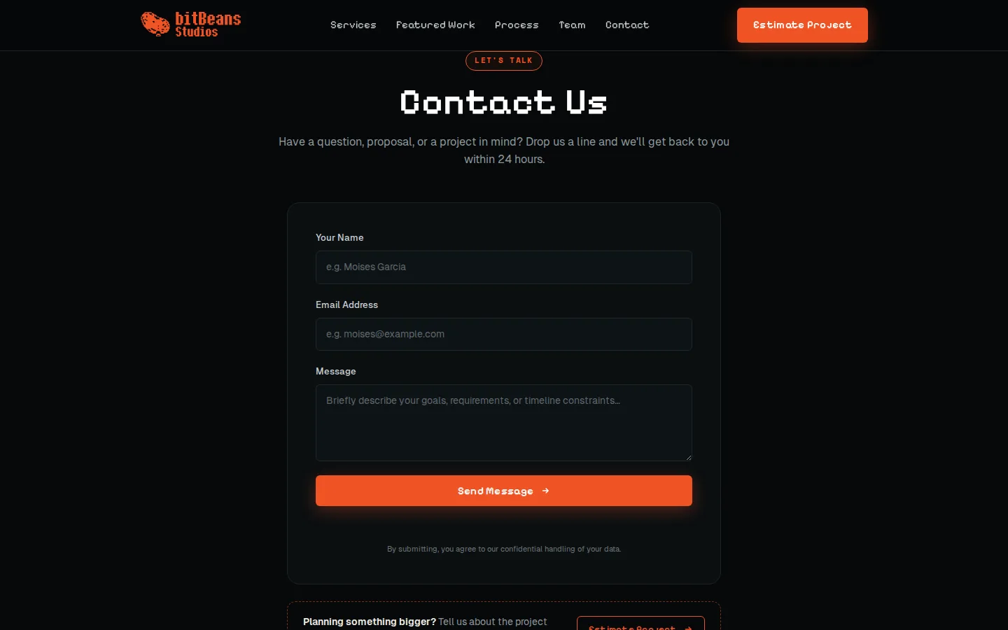 bitBeans Studios website, contact section
