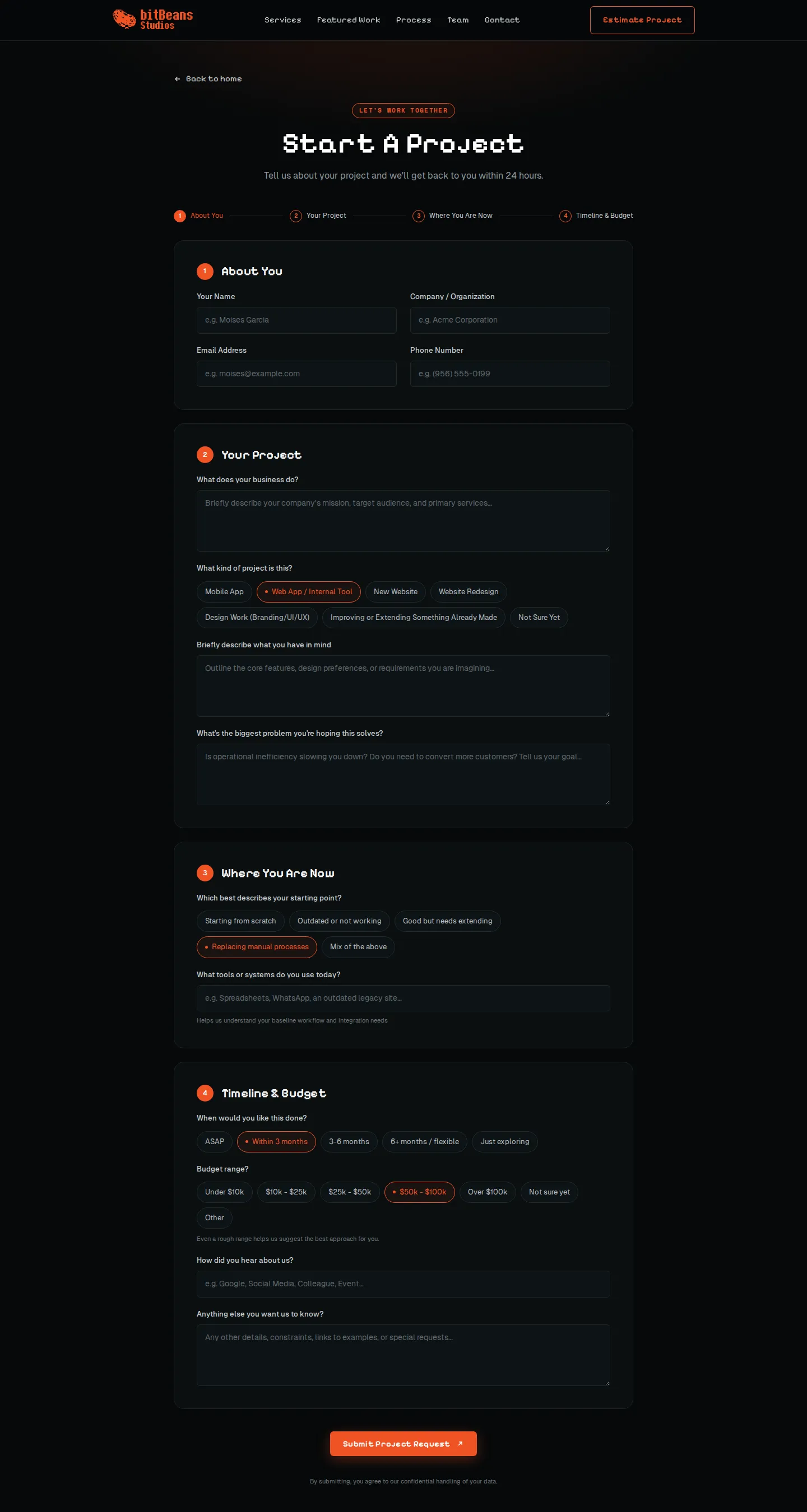 bitBeans Studios Start a Project page, a four-step estimate form