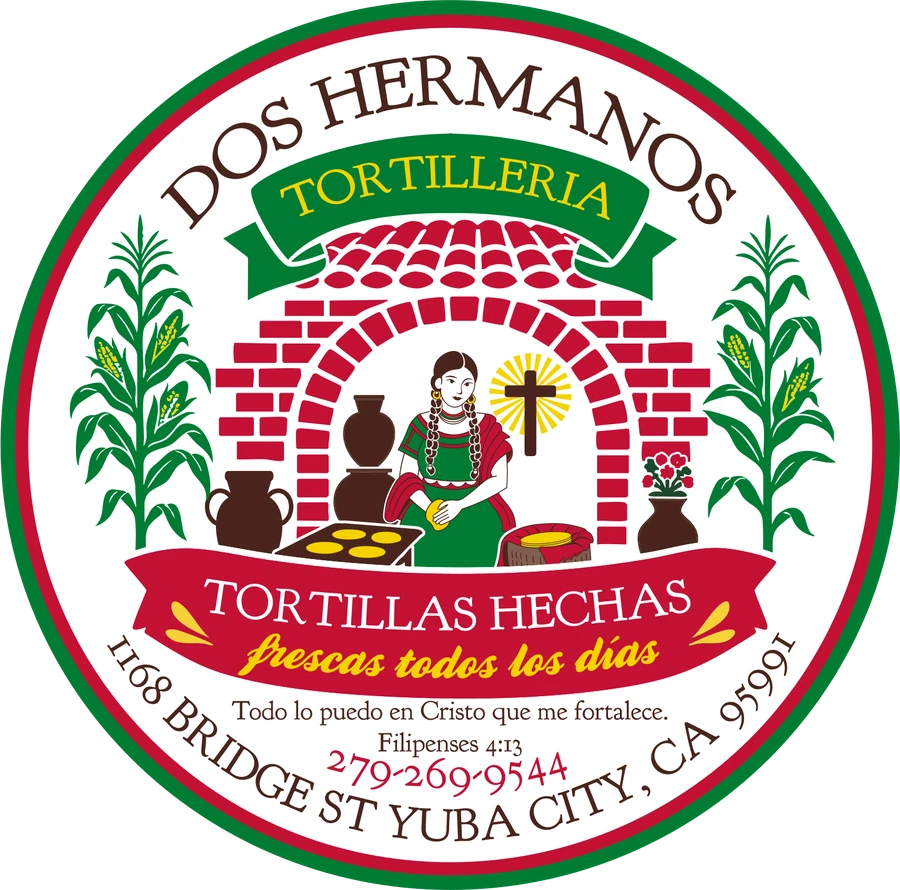 Dos Hermanos Tortilleria circular logo: a woman making tortillas in front of a brick oven, framed by corn stalks