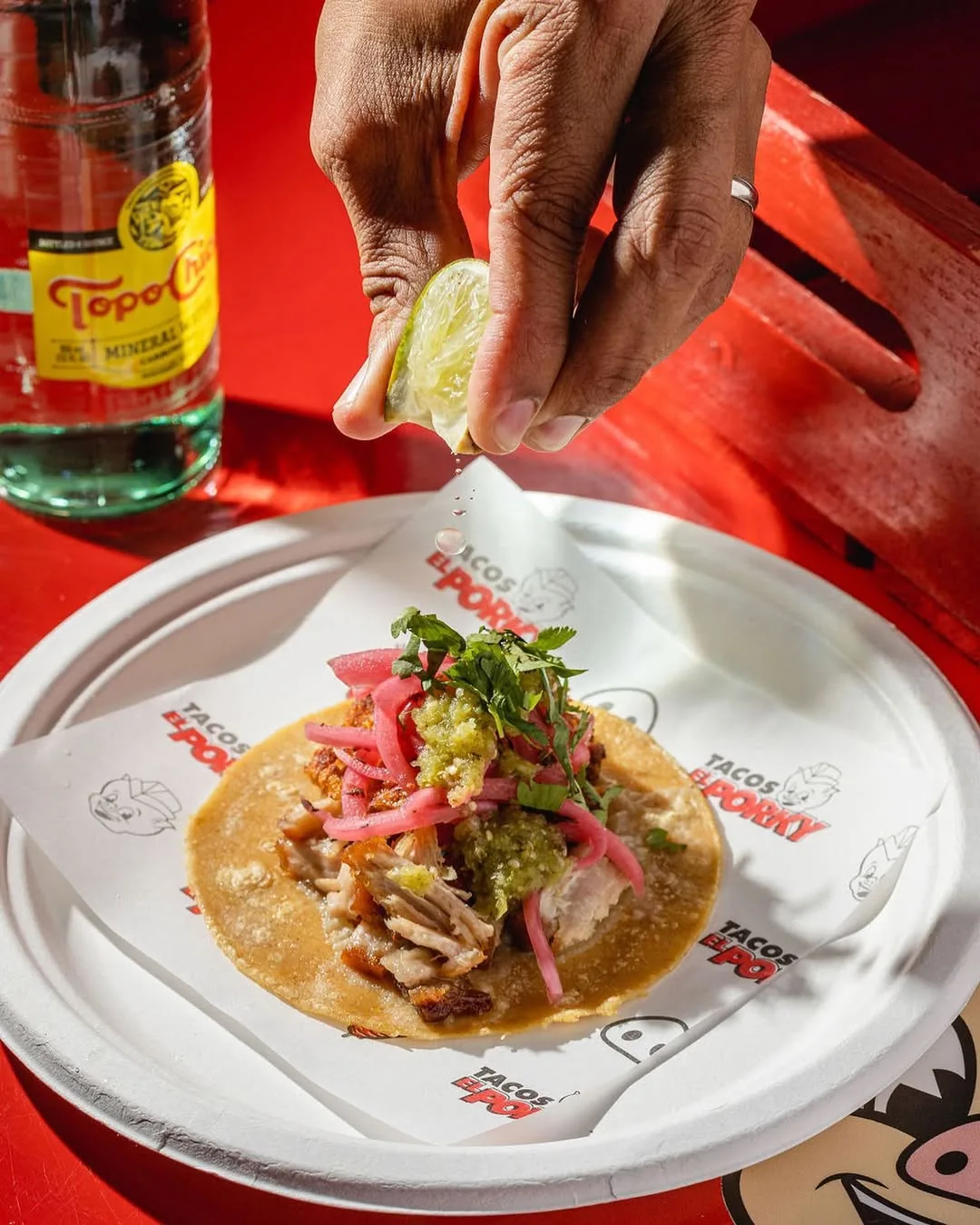 Taco on Tacos El Porky printed wax paper