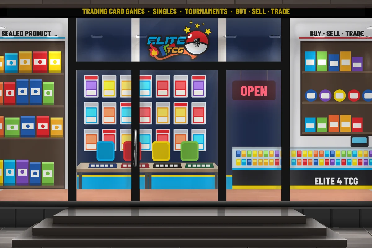 Elite 4 TCG storefront with the logo lit over the door and a card shop inside