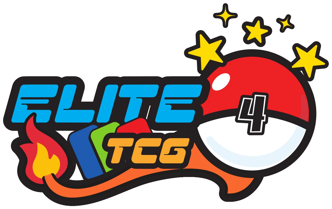 Elite 4 TCG logo: blue ELITE lettering, a red and white ball with a 4, fanned blue, green and red cards, orange TCG lettering, a flame-tipped swoosh and yellow stars