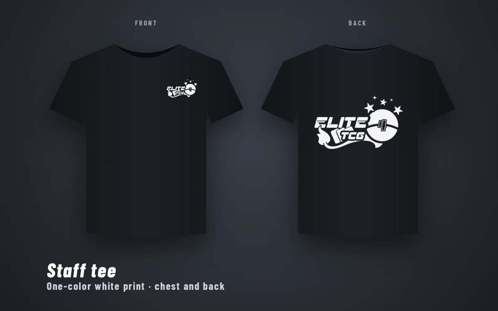 Black staff tee, front with a small white one-color chest logo and back with a large one