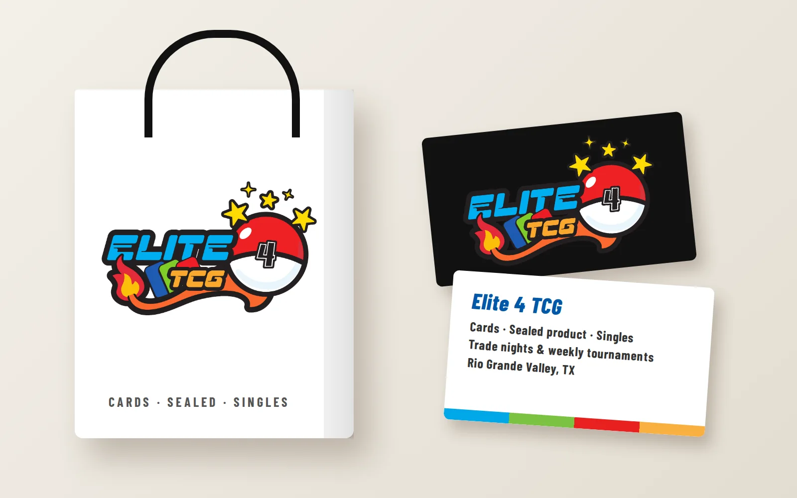 Elite 4 TCG bag and business cards mockup