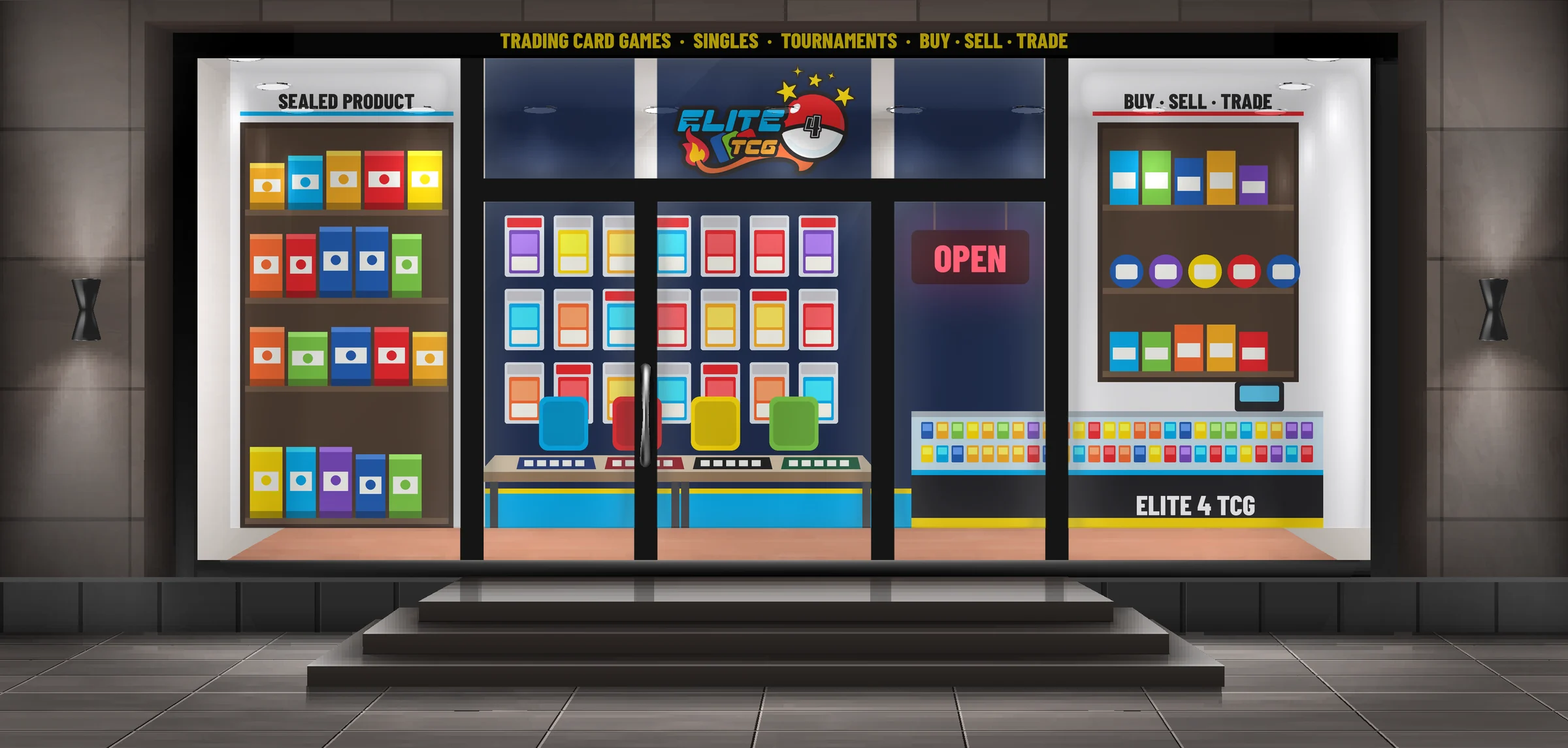 Elite 4 TCG storefront at night: the logo lit in the transom window, shelves of sealed product, a wall of graded cards, play tables, a display counter and a neon open sign
