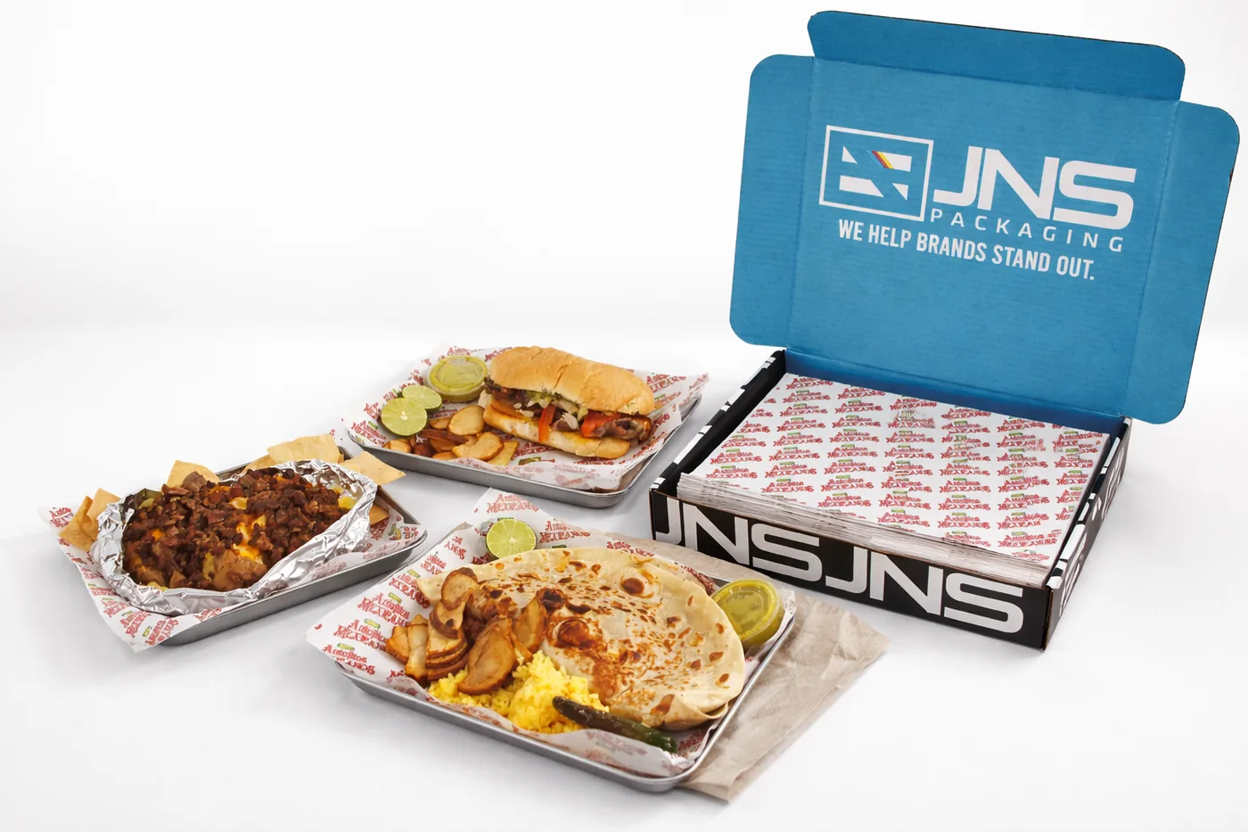 JNS Packaging box with printed wax paper and plated food