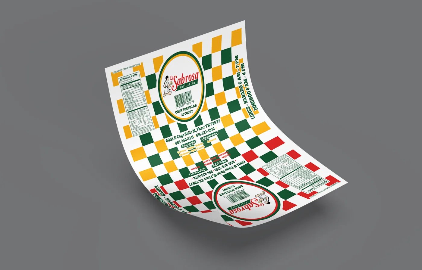 La Sabrosa Tortillería checkered tortilla wrap design, mockup