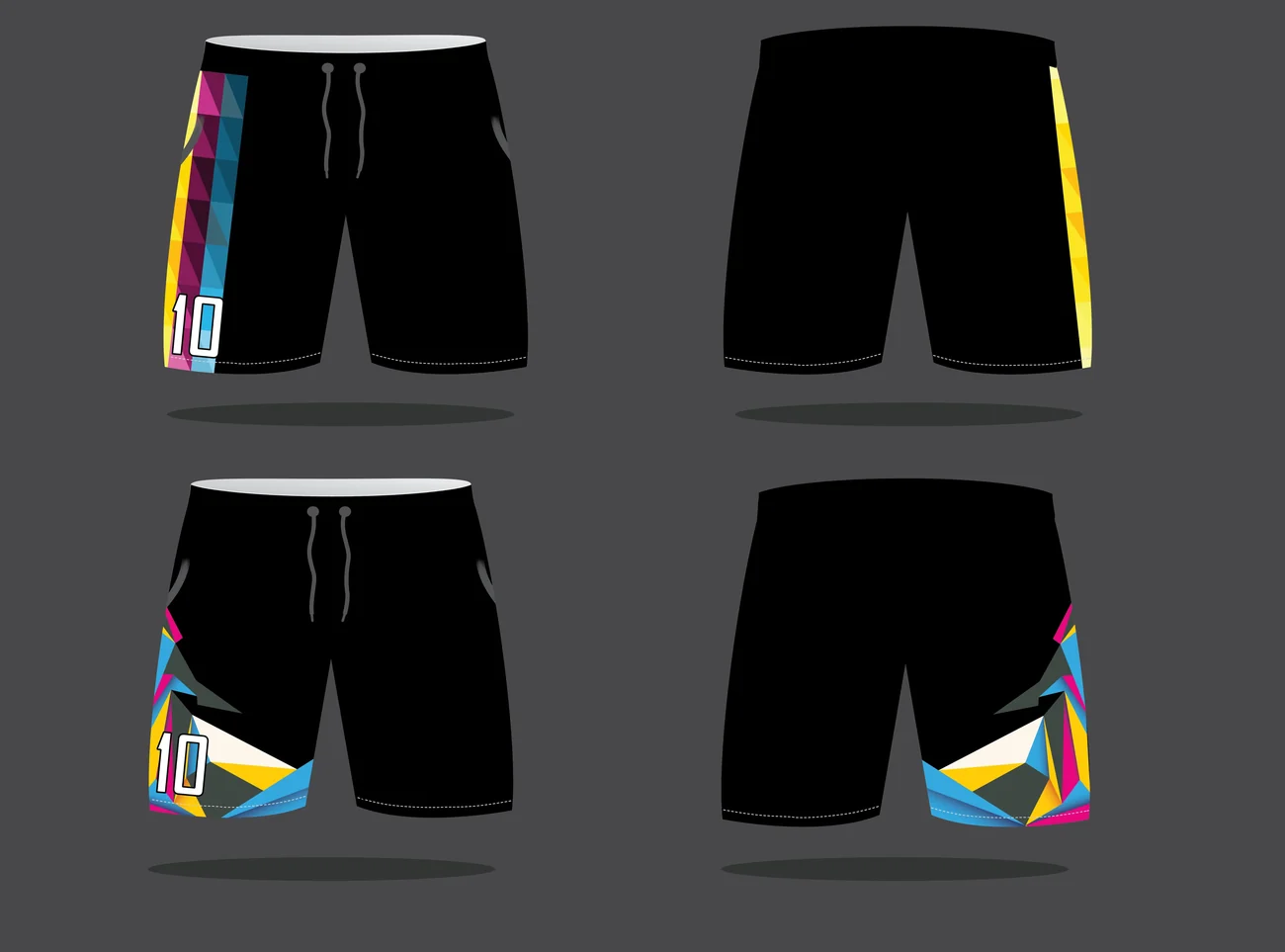 Two Pichones FC short designs, front and back, black with CMYK triangle panels and number 10