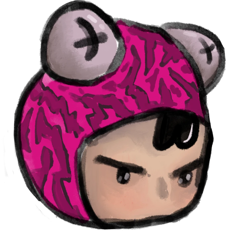 Rob’s character: a cartoon face in a pink patterned hood with round grey ears