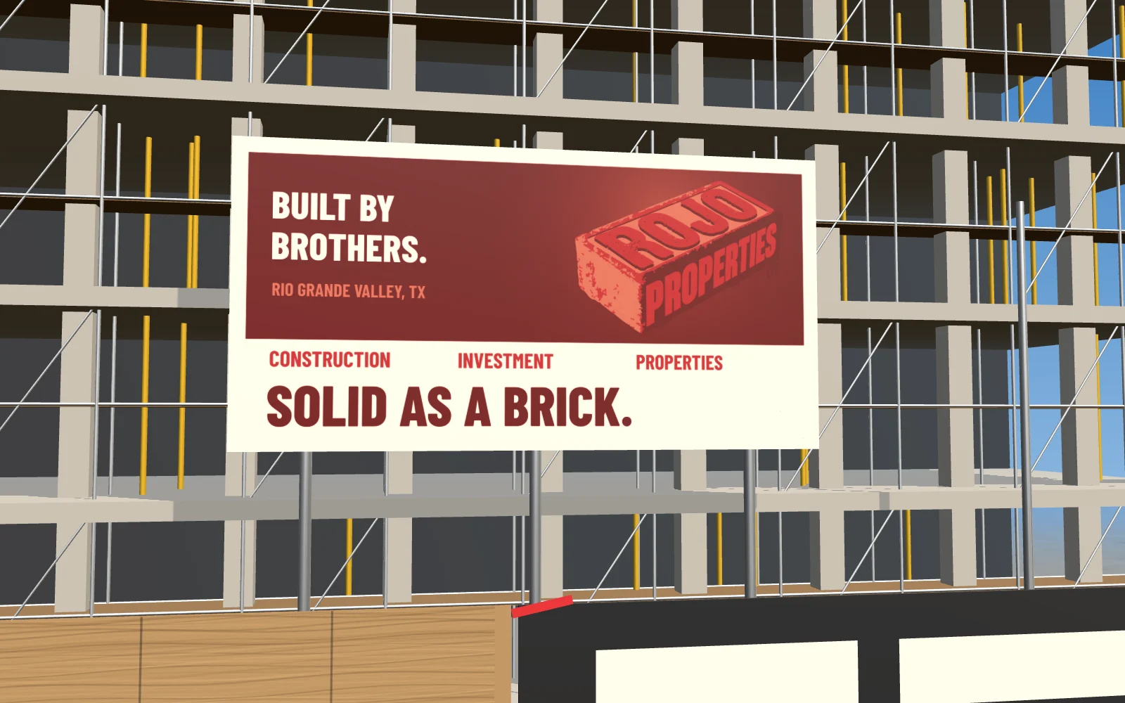Rojo Properties billboard in front of a building under construction with scaffolding
