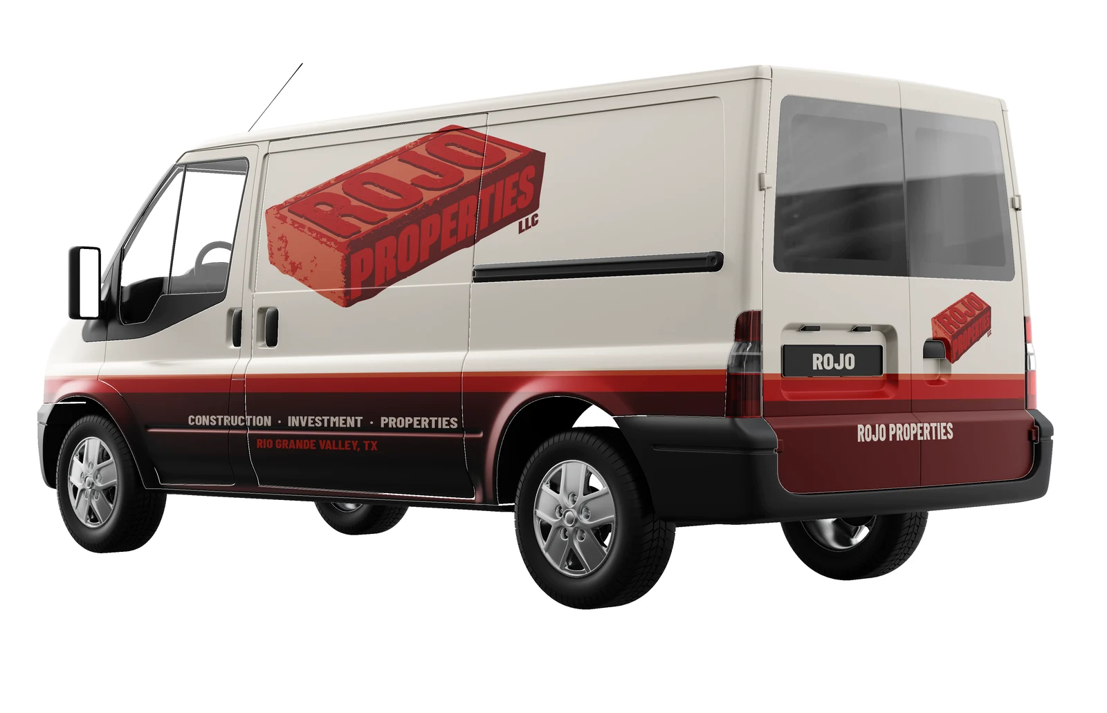 Work van wrapped in Rojo Properties branding: cream body, the brick logo on the side, red and maroon stripes along the bottom