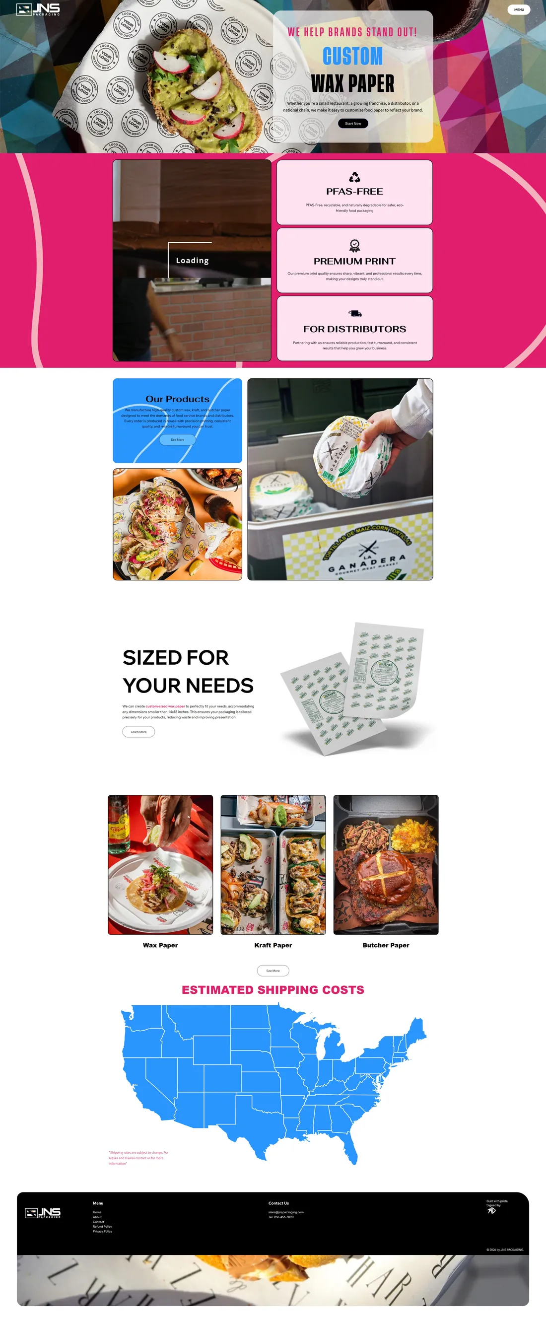 Full-length screenshot of the JNS Packaging website